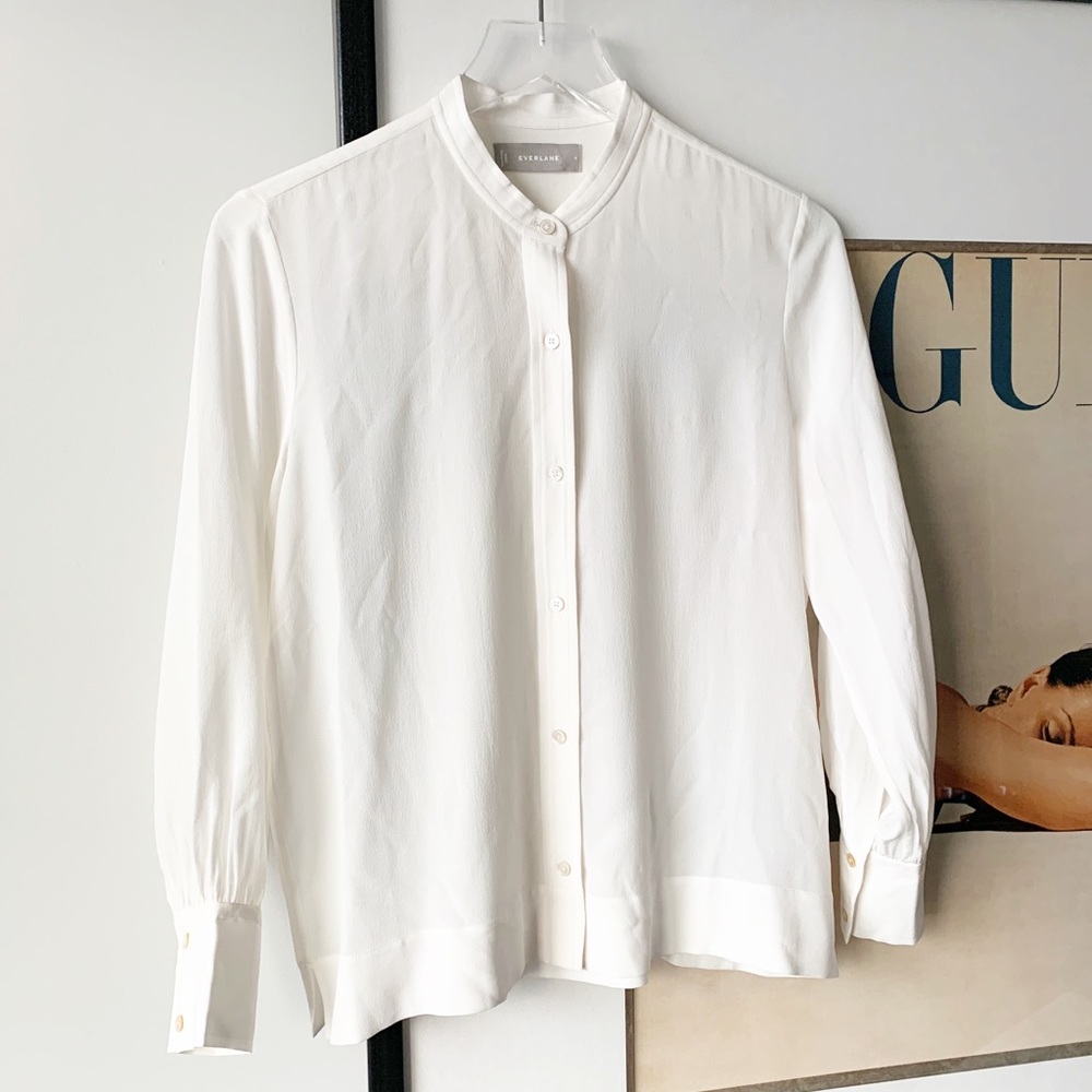 Everlane Silk Ivory Button Down Blouse Collarless